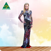 Cardboard cutout of a person wearing a colorful dress with 'Australian Made' logo in the corner.